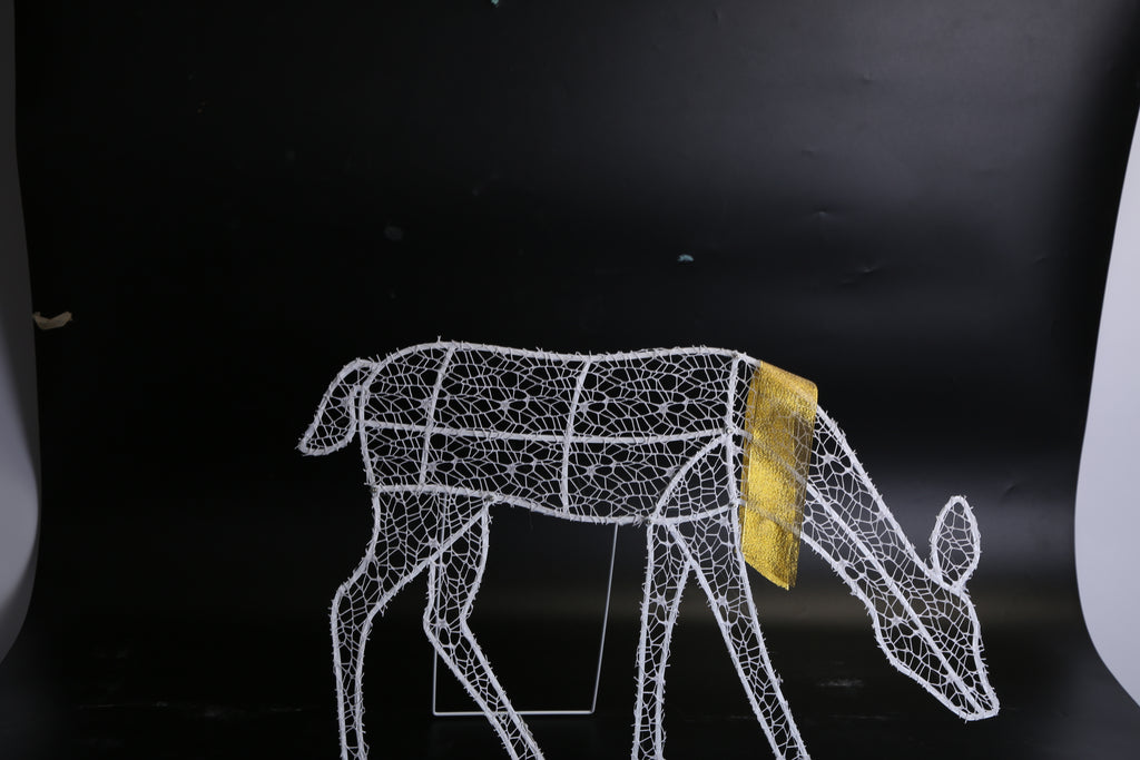 Reindeer family lit at night