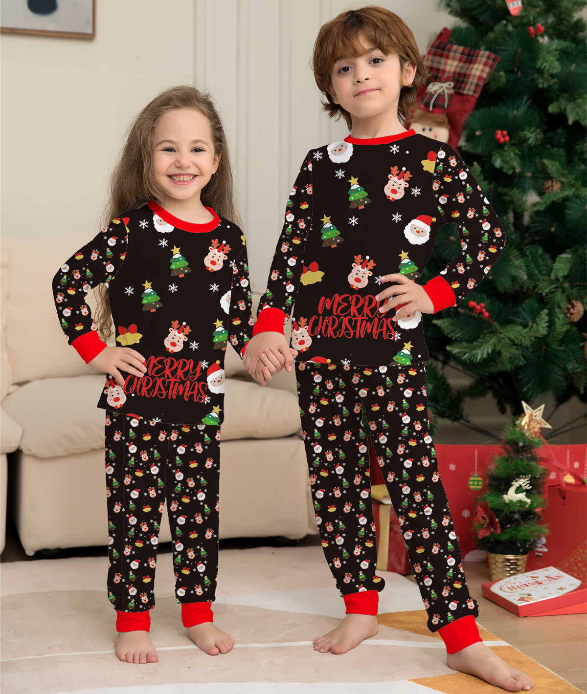 Family in matching Christmas pajamas